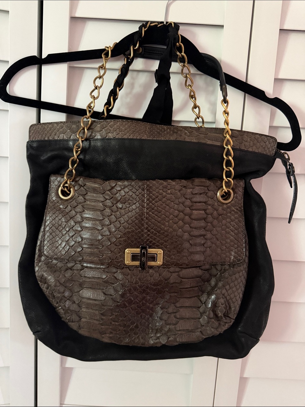 Lanvin black leather python embossed chain strap shoulder bag luxury designer